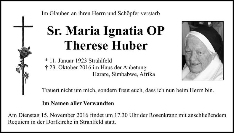 Traueranzeige Therese Huber