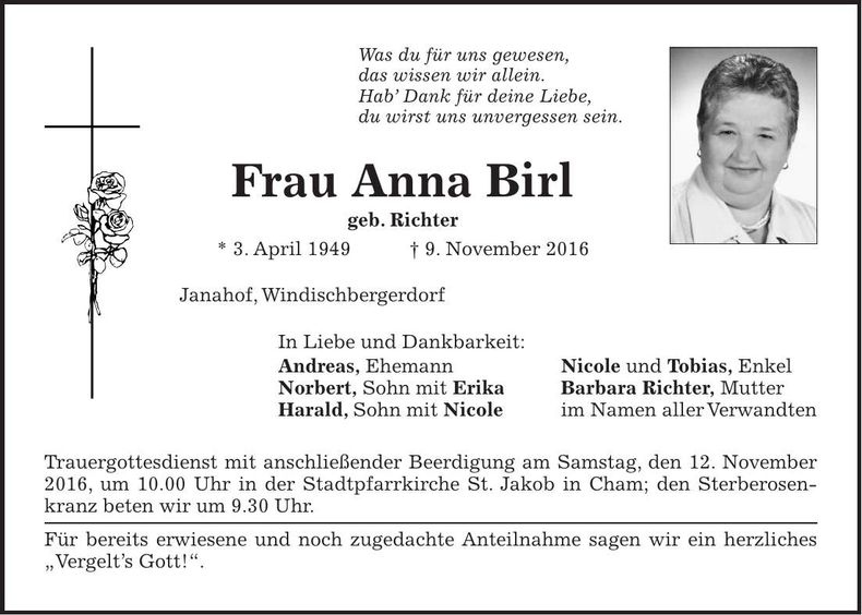 Traueranzeige Anna Birl