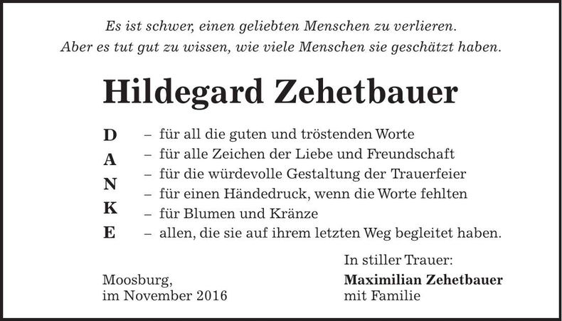 Traueranzeige Hildegard Zehetbauer
