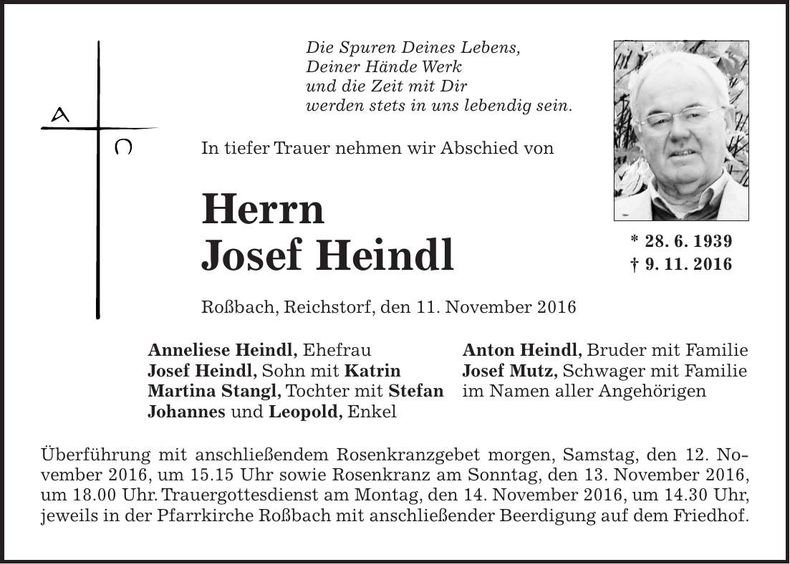 Traueranzeige Josef Heindl