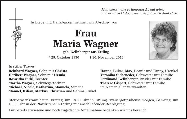 Traueranzeige Maria Wagner