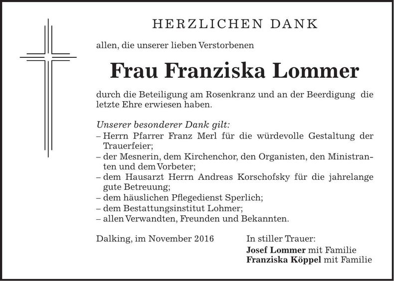 Traueranzeige Franziska Lommer