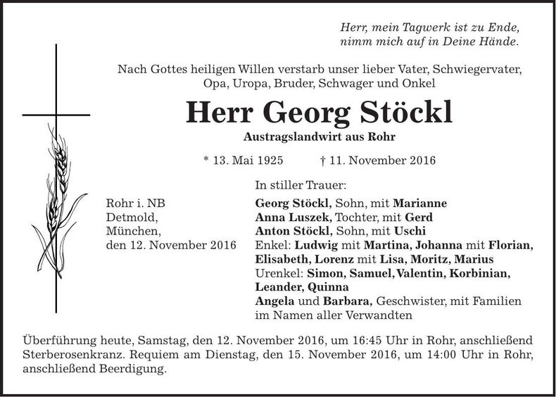 Traueranzeige Georg Stöckl