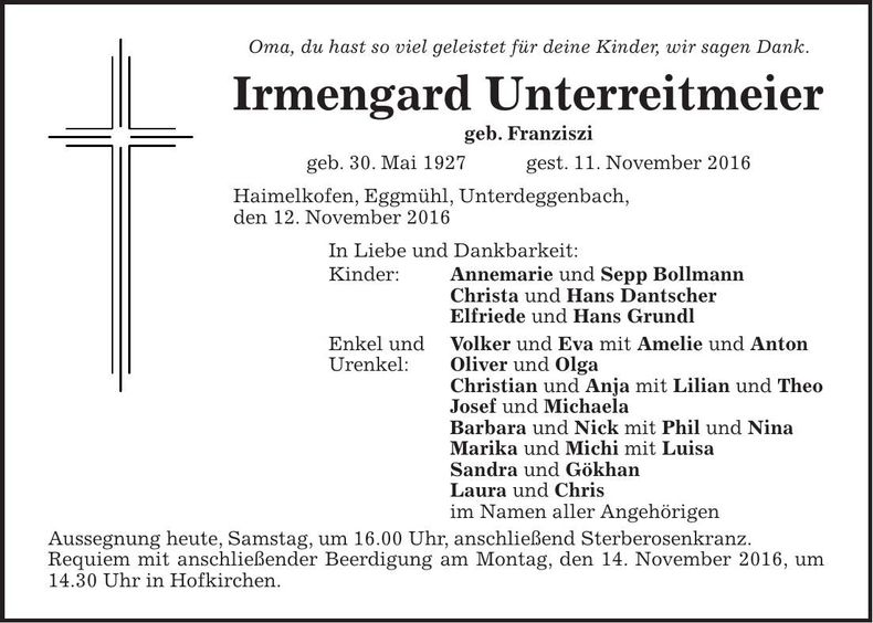 Traueranzeige Irmengard Unterreitmeier