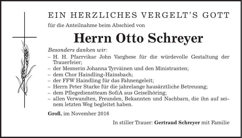 Traueranzeige Otto Schreyer