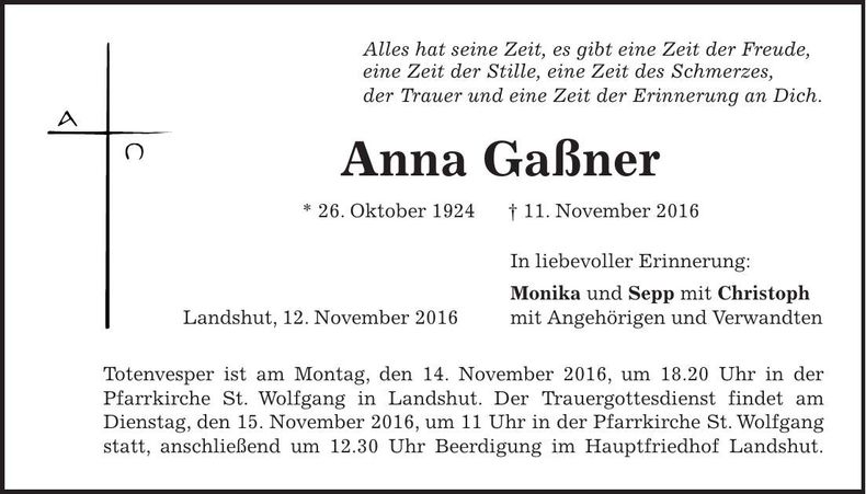 Traueranzeige Anna Gaßner