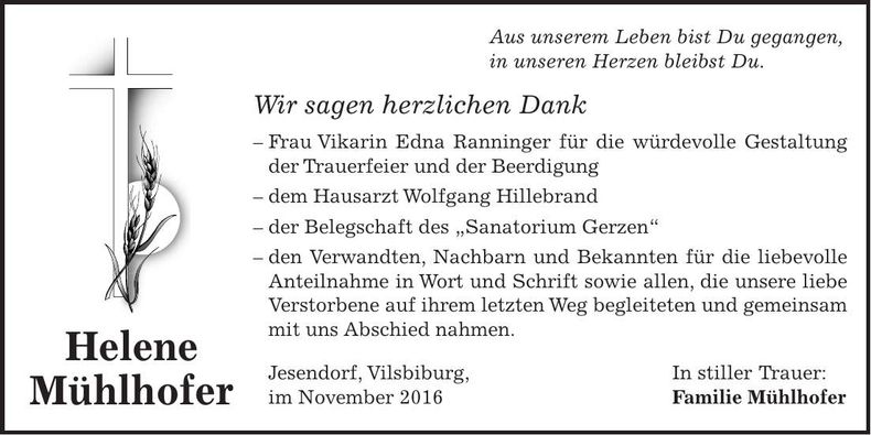 Traueranzeige Helene Mühlhofer