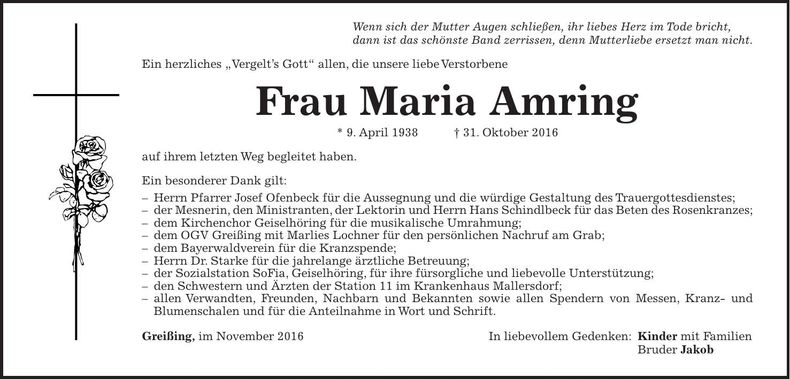 Traueranzeige Maria Amring
