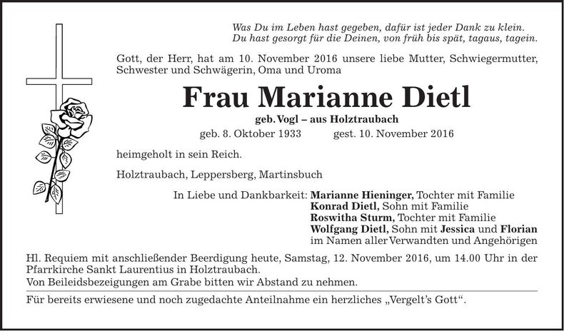 Traueranzeige Marianne Dietl