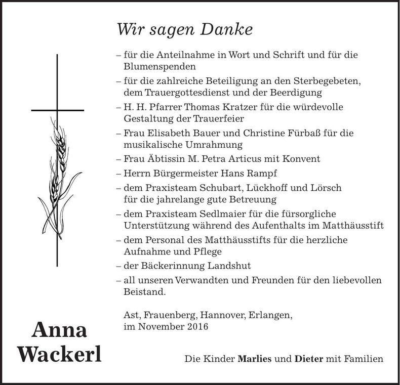Traueranzeige Anna Wackerl