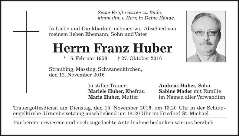 Traueranzeige Franz Huber