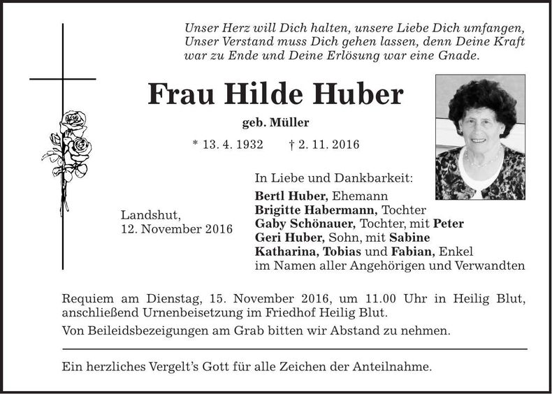 Traueranzeige Hilde Huber