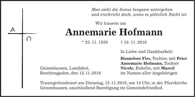 Traueranzeige Annemarie Hofmann