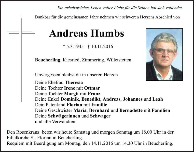 Traueranzeige Andreas Humbs