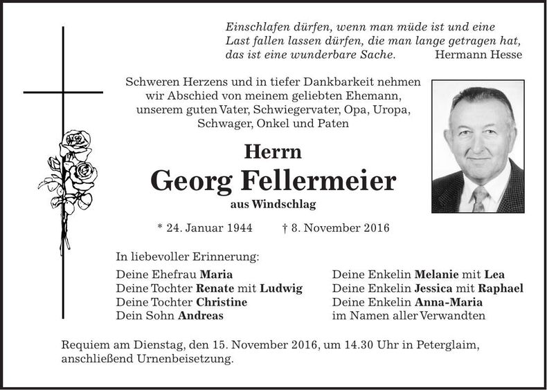 Traueranzeige Georg Fellermeier