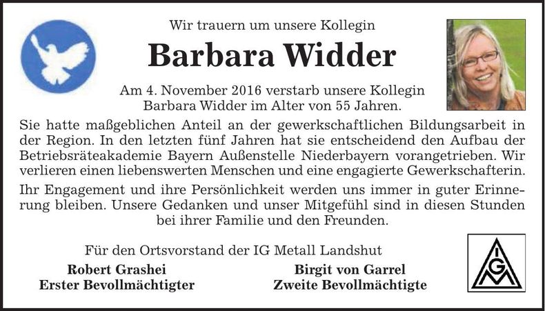 Traueranzeige Barbara Widder