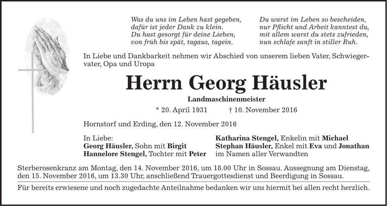 Traueranzeige Georg Häusler