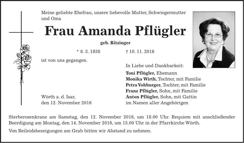 Traueranzeige Amanda Pflügler