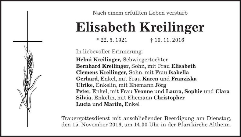 Traueranzeige Elisabeth Kreilinger
