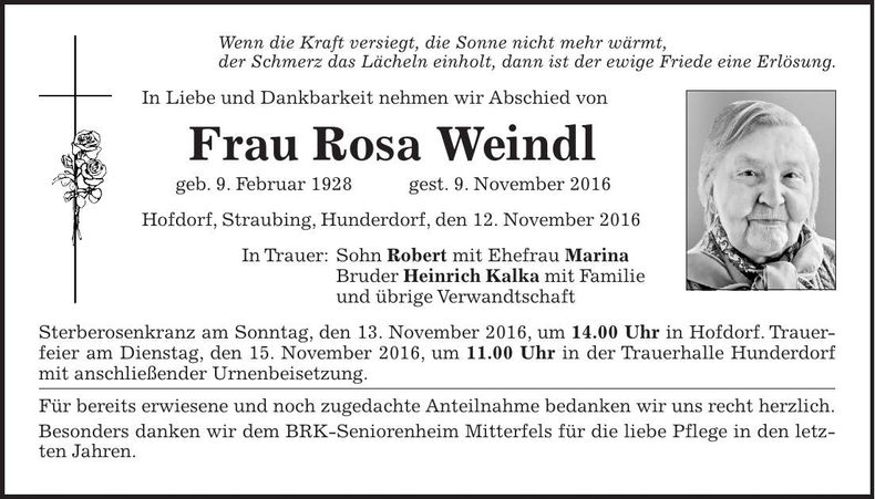 Traueranzeige Rosa Weindl