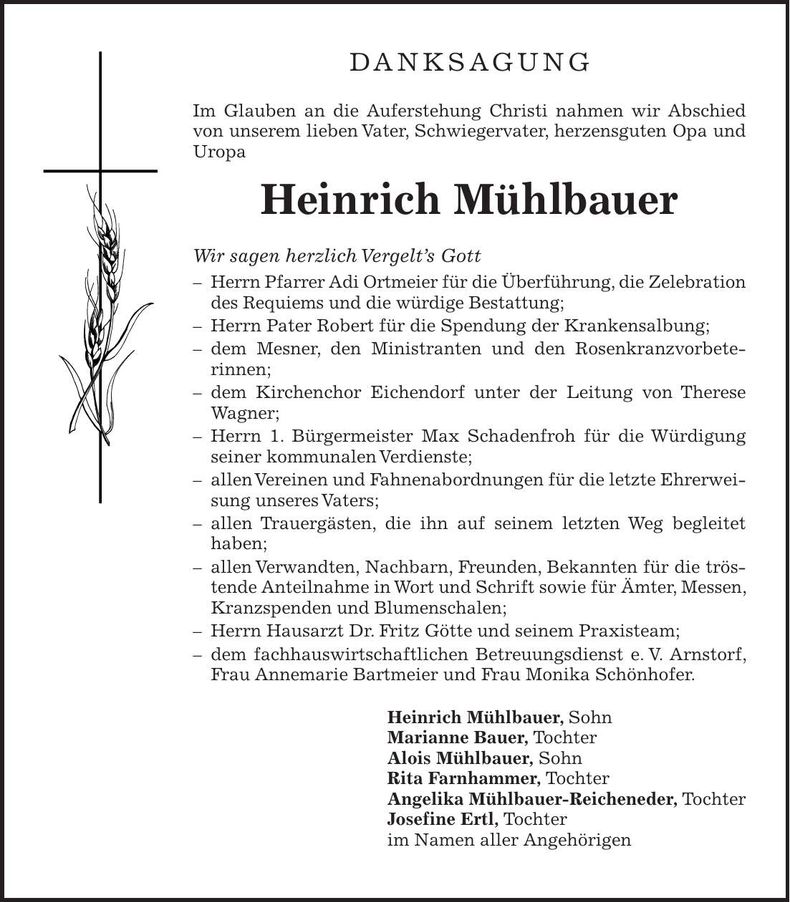 Traueranzeige Heinrich Mühlbauer
