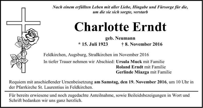 Traueranzeige Charlotte Erndt