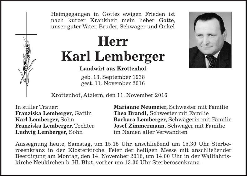 Traueranzeige Karl Lemberger