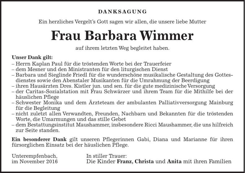 Traueranzeige Barbara Wimmer