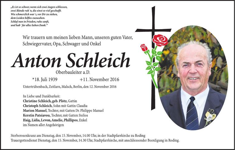 Traueranzeige Anton Schleich