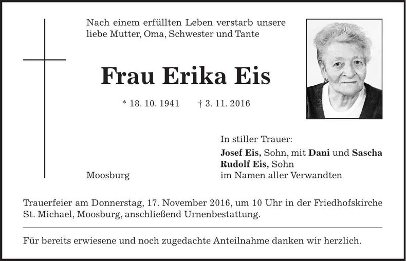 Traueranzeige Erika Eis