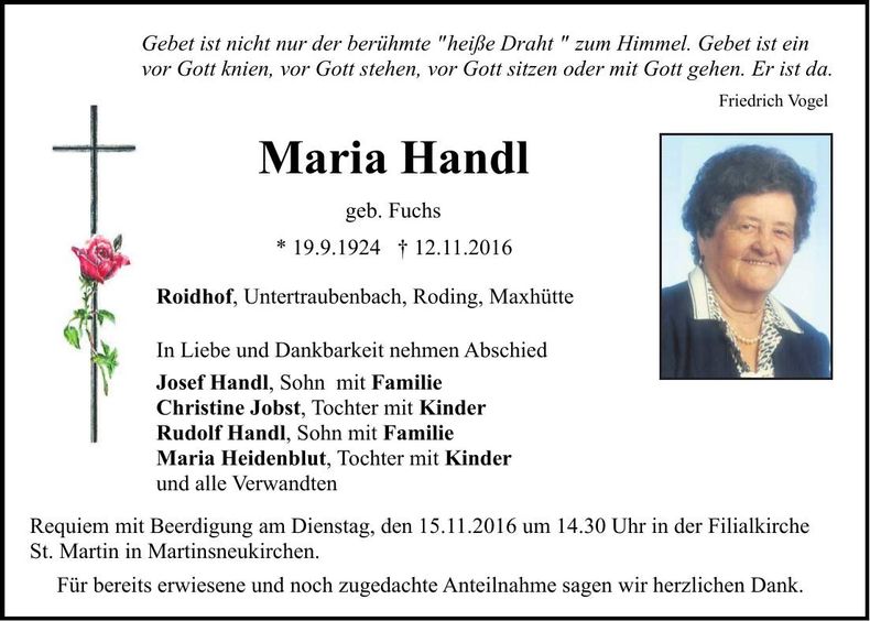 Traueranzeige Maria Handl