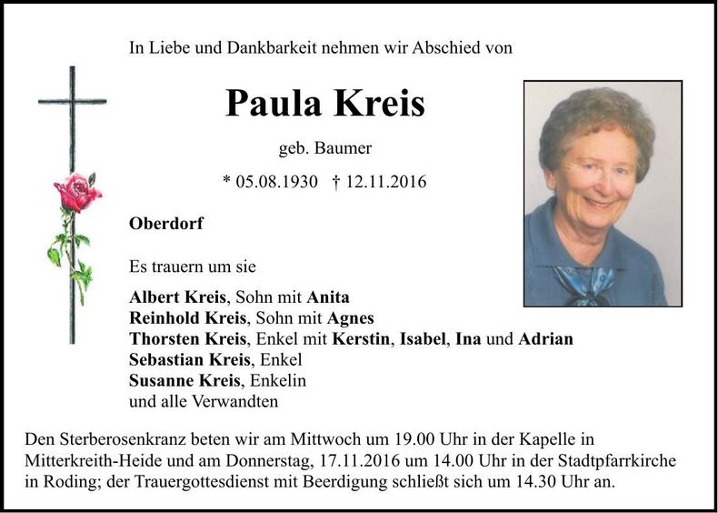 Traueranzeige Paula Kreis