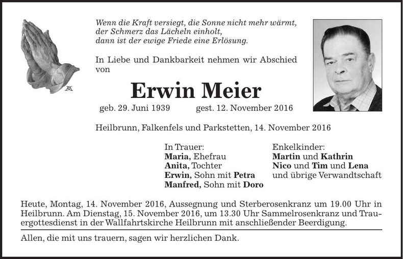 Traueranzeige Erwin Meier
