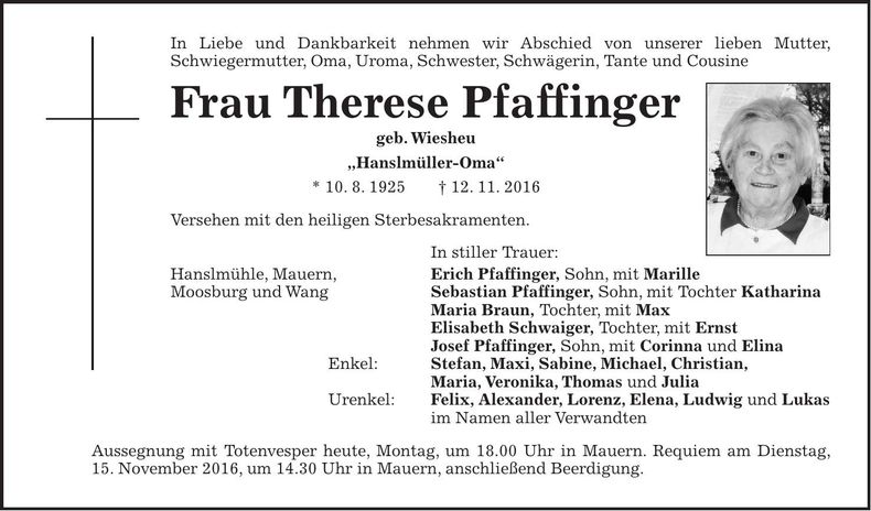 Traueranzeige Theresa Pfaffinger