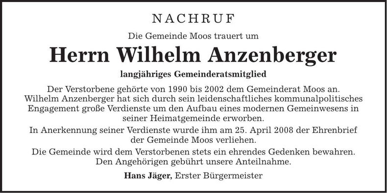 Traueranzeige Wilhelm Anzenberger
