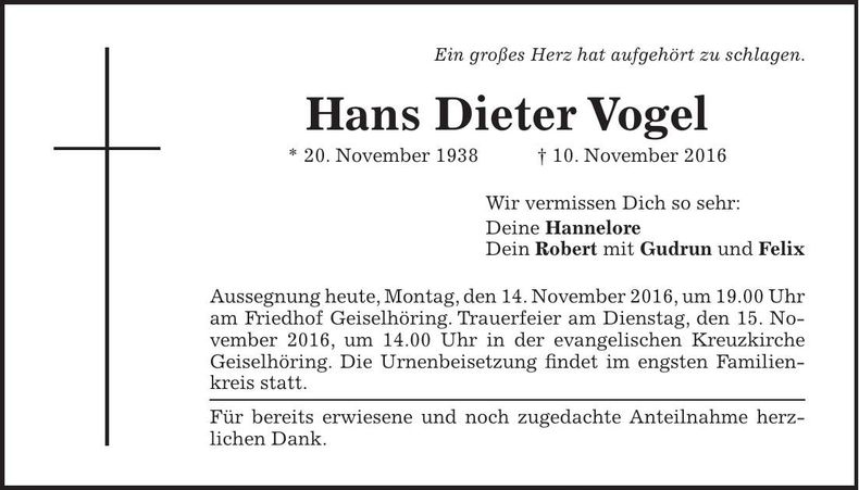 Traueranzeige Hans Dieter Vogel
