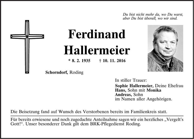 Traueranzeige Ferdinand Hallermeier