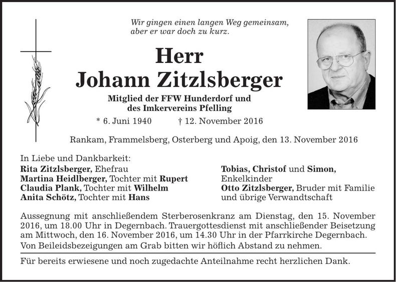Traueranzeige Johann Zitzlsberger