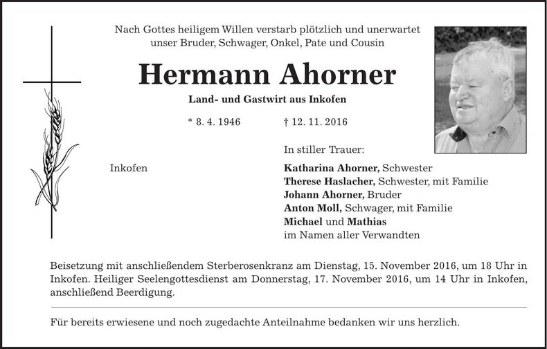 Traueranzeige Hermann Ahorner