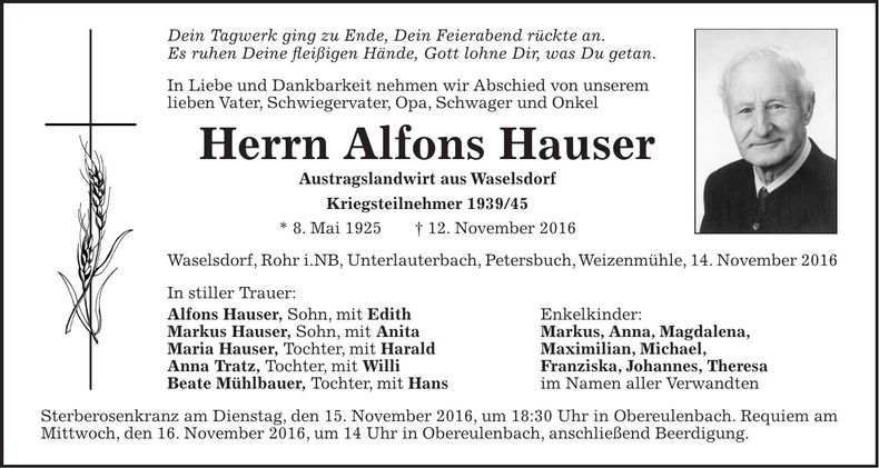 Traueranzeige Alfons Hauser