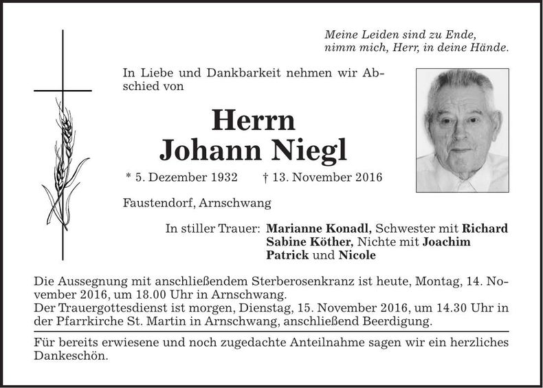Traueranzeige Johann Niegl