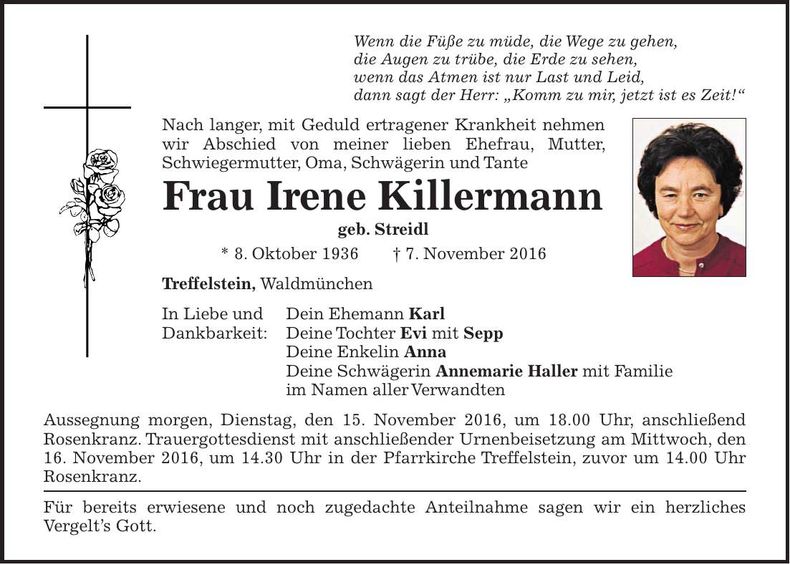 Traueranzeige Irene Killermann