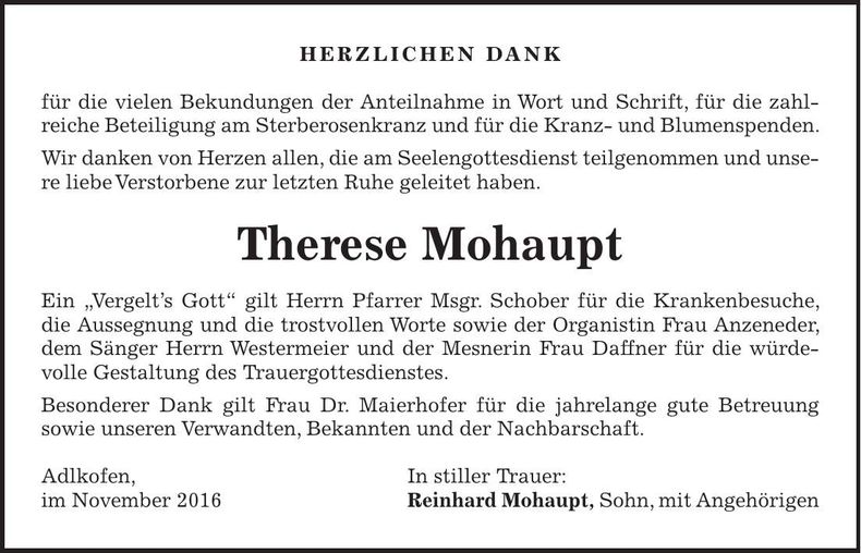 Traueranzeige Therese Mohaupt