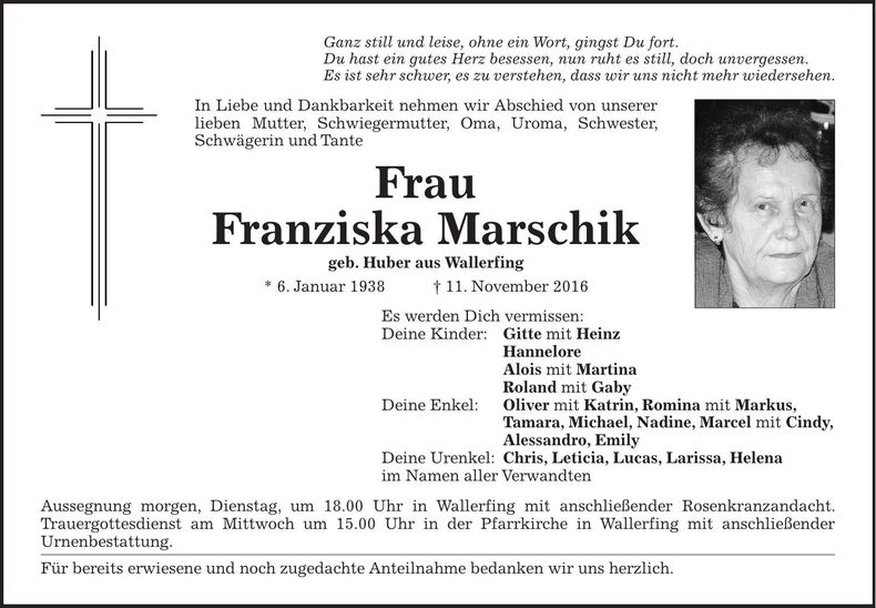 Traueranzeige Franziska Marschik
