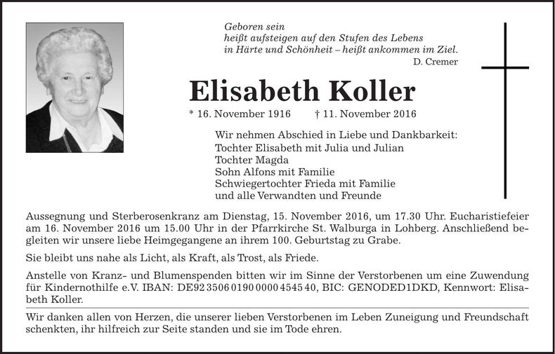 Traueranzeige Elisabeth Koller