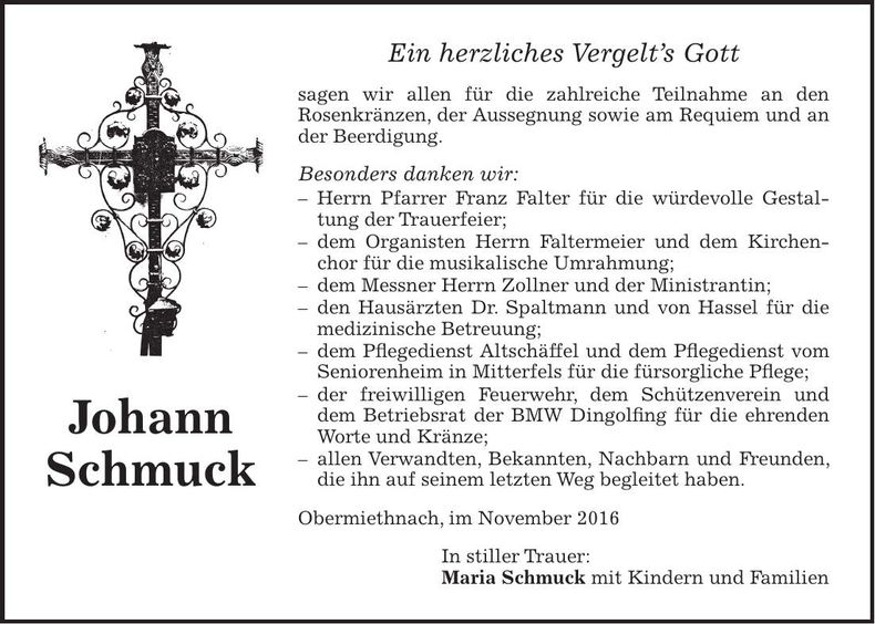 Traueranzeige Johann Schmuck