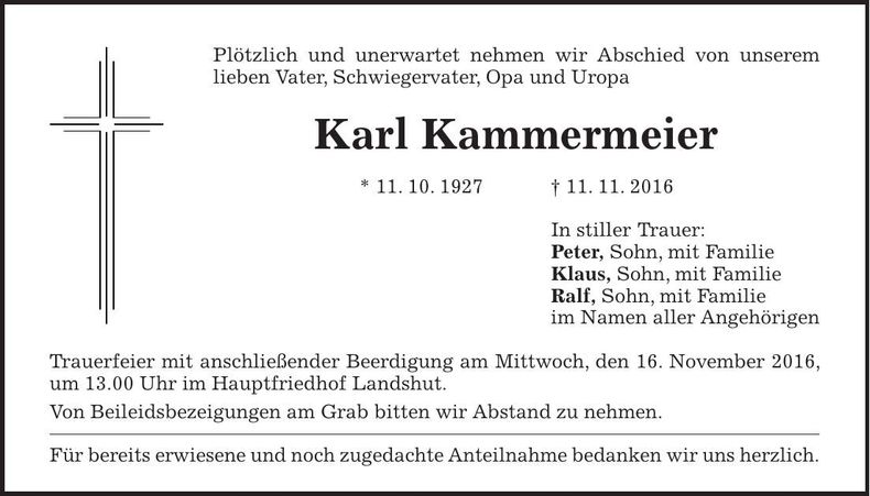 Traueranzeige Karl Kammermeier