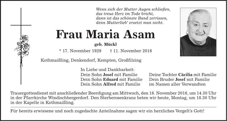 Traueranzeige Maria Asam