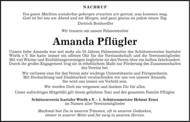 Traueranzeige Amanda Pflügler