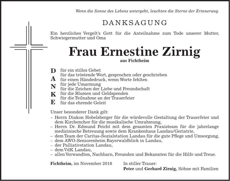 Traueranzeige Ernestine Zirnig